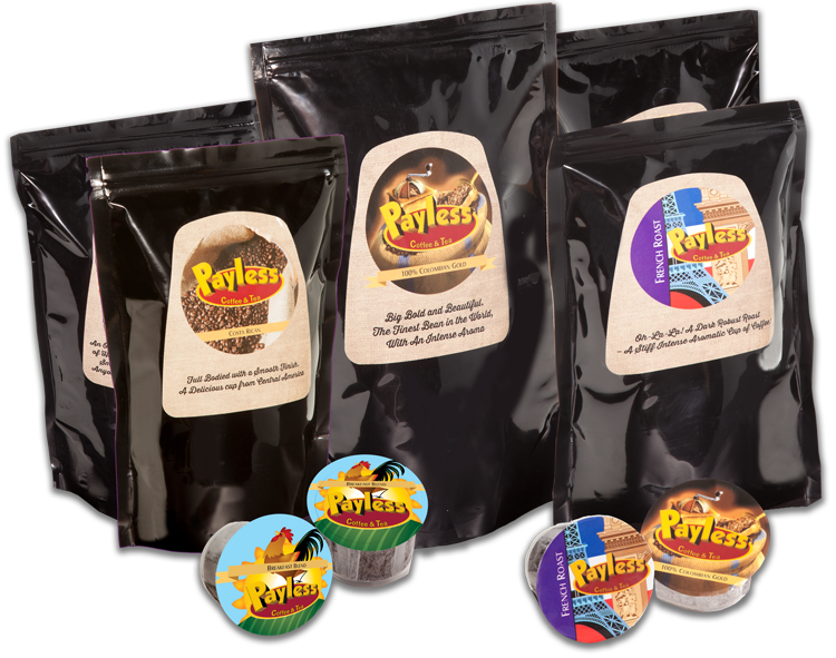 Group of Payless Coffee and Tea Foil and Single Serve Packages